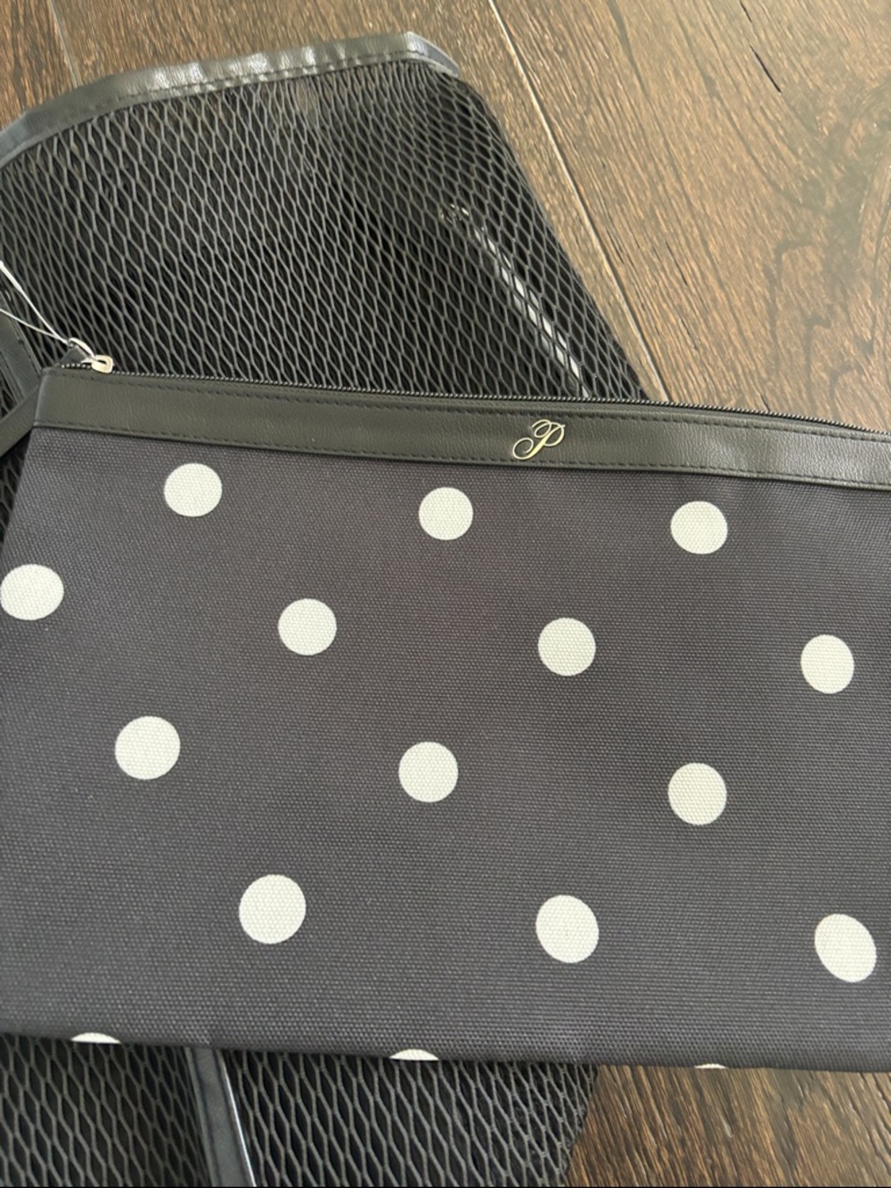 PINK Victoria's Secret Black Mesh Tote with Black Polka Dot Pouch - Picture 3 of 4